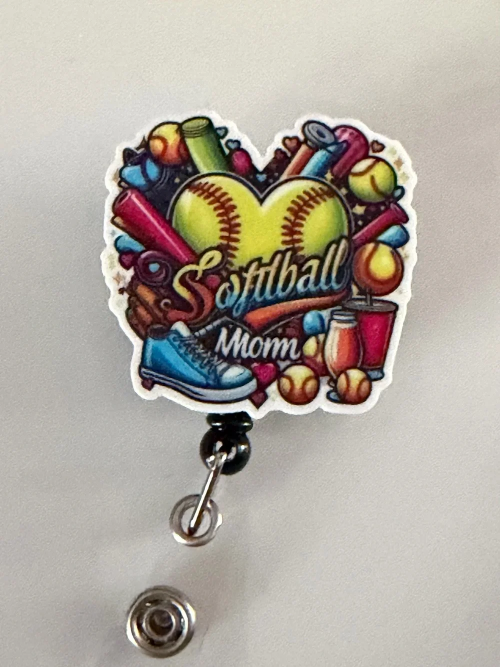 Softball Mom Retractable Badge Reel - Yellow Heart Design